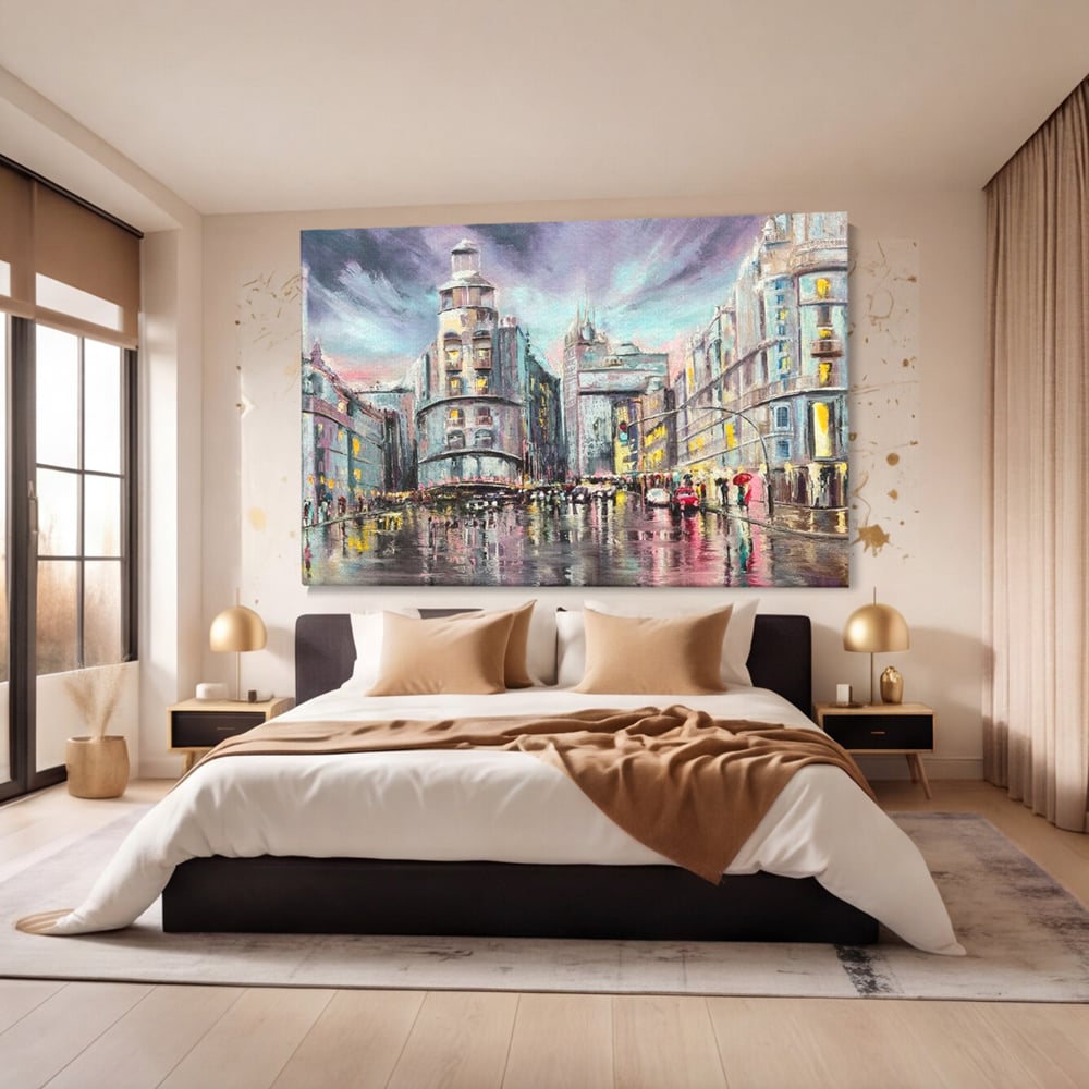 Tablou canvas cu pictura urbana cu strada ploioasa, fara rama, pe sasiu de lemn, pe perete intr-un dormitor